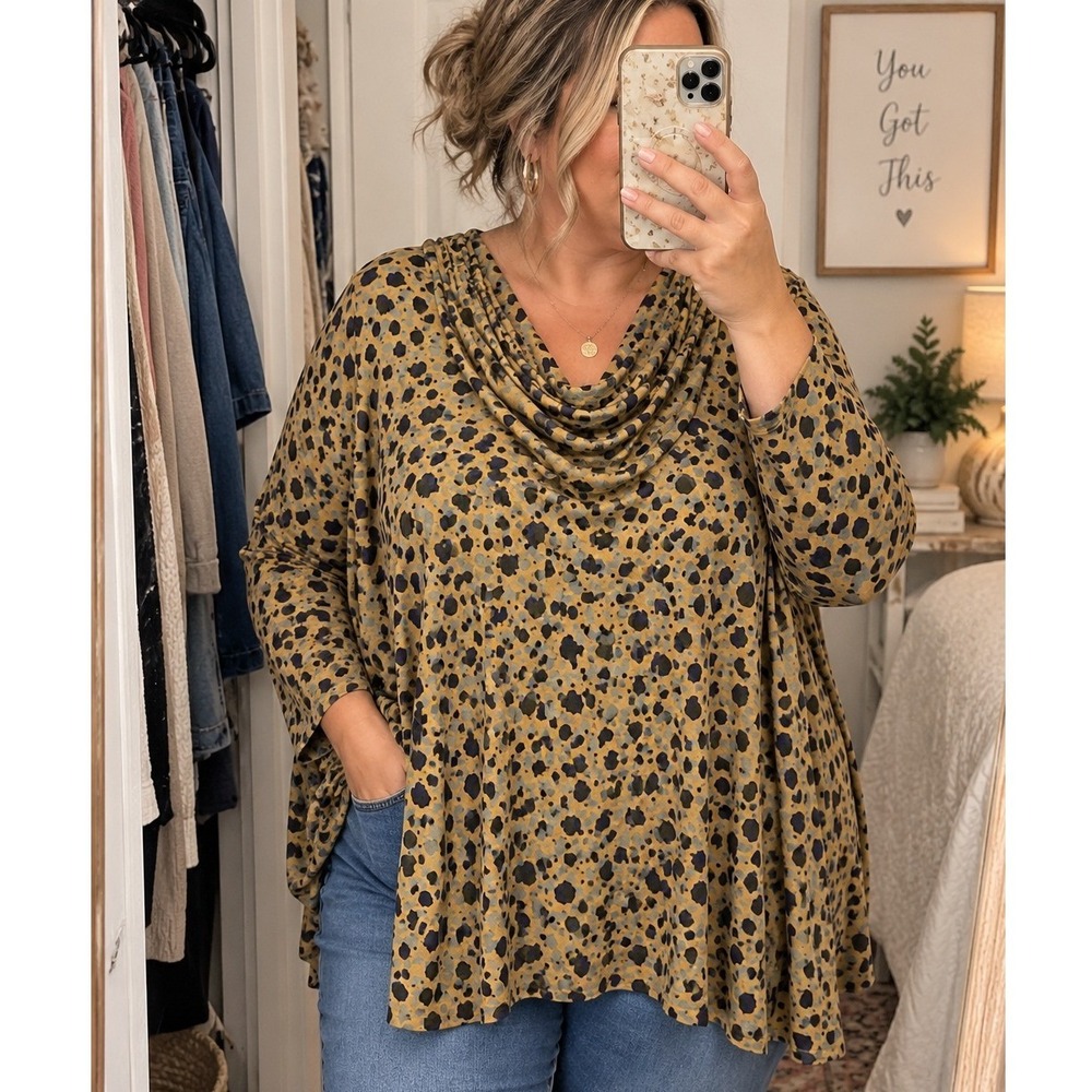 LOGO Lori Goldstein Tunic 3X Yellow Animal Print Cowl Neck Stretch NWOT